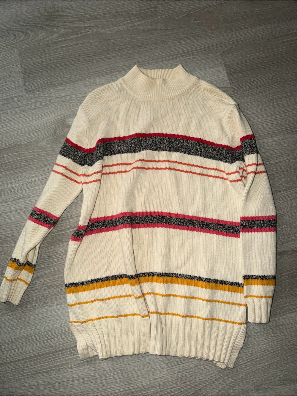 JEANNE PIERRE Cream Striped Turtleneck Sweater with Pink, Gray & Yellow Accents